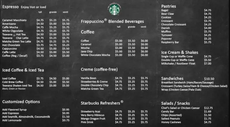 Starbucks Menu United State Prices 2024